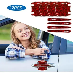 12PCS Car Door Handle Scratch Protectors, 3D Patterned Carbon Fiber-Marking，Anti Scratch,Universal for Most Cars (Red)