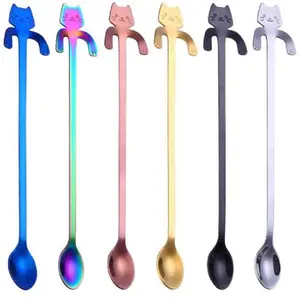 Cute Cat Design Long Handle Ice Tea Spoon, Stainless Steel Hanging Mixing Stirring Spoon, Coffee Teaspoon for Home Kitchen Dining Room