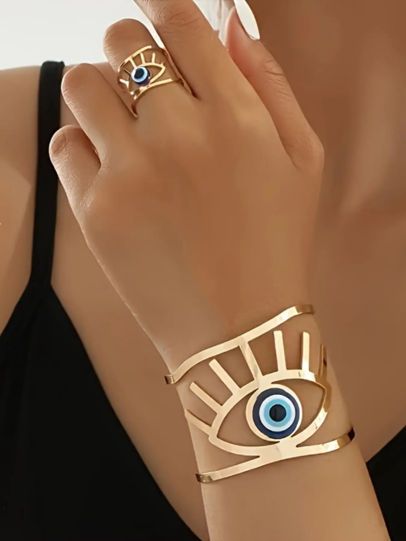 Boho Style Blue Eye Plated Bracelet & Ring Set, Bracelet Jewelry Sets, Spring Summer Versatile Maximalist Jewelry Fashion Accessory, Unisex Jewelry Gift, Perfect for Daily Wear