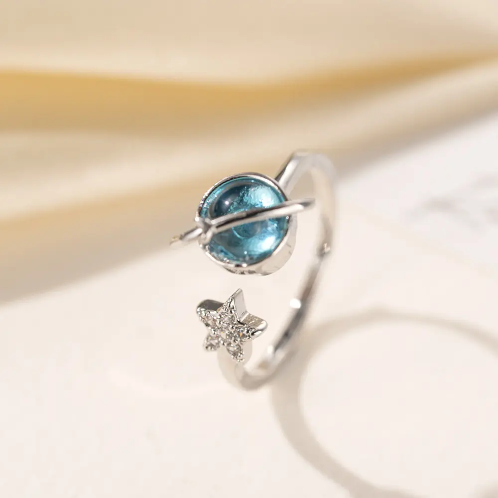 Rotatable Saturn Planet Ring, Anxiety Relief Fidget Spinner Ring, Adjustable Open Band, Silver Plated, Blue Zircon Star Design, Stress Relief Jewelry for Women, Trendy Statement Gift