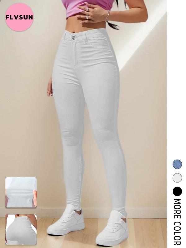 Flvsun-High Waisted Skin Tight Jeans for Women Classic Versatile Stretch Casual Skinny Jeans Fashion Slim Denim Trouser Bottom Womenswear Pants Womenswear Pants Streetwear Basic Button Minimalist White