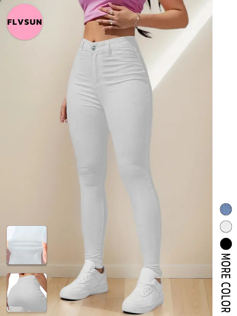 Flvsun-High Waisted Skin Tight Jeans for Women Classic Versatile Stretch Casual Skinny Jeans Fashion Slim Denim Trouser Bottom Womenswear Pants Womenswear Pants Streetwear Basic Button Minimalist White