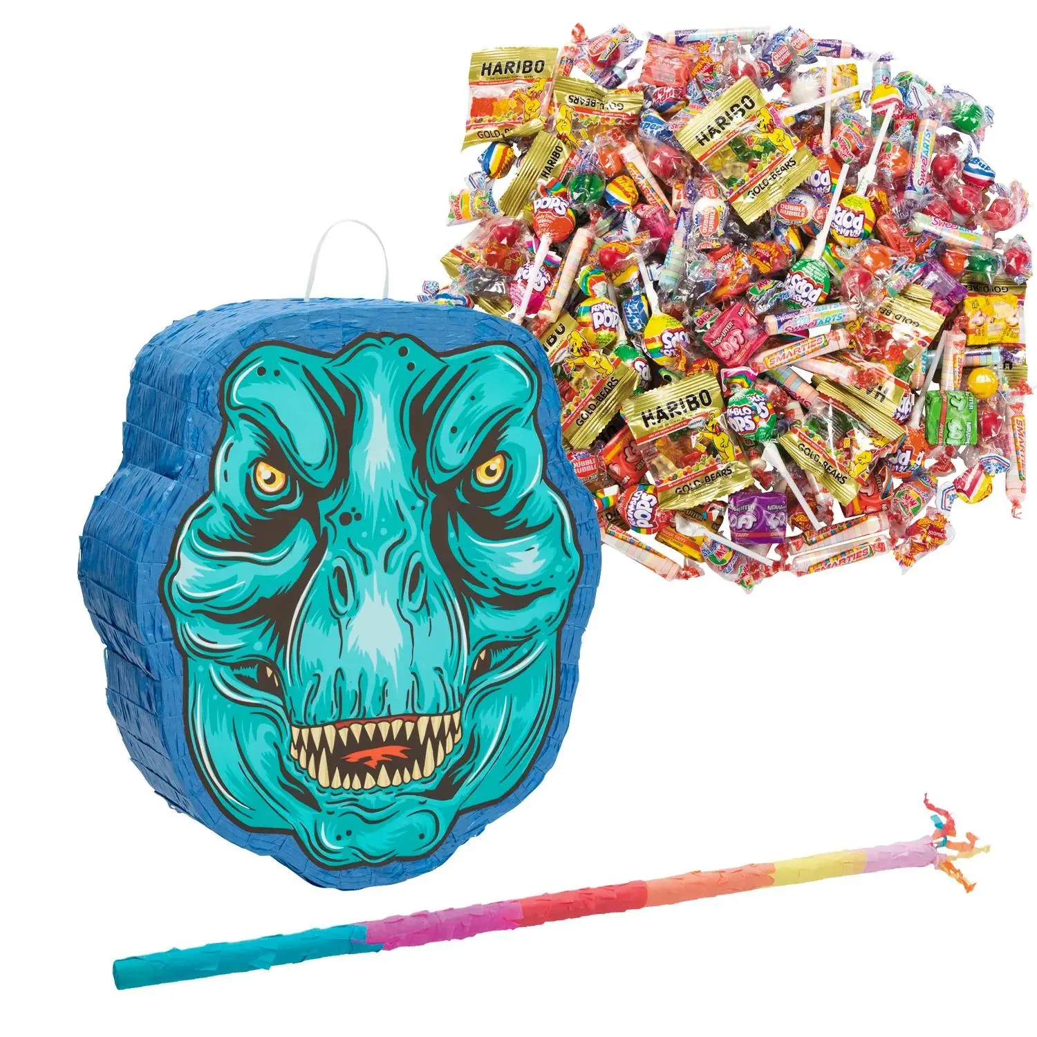 Multicolor Hangable T-Rex Dinosaur Piñata Set - 208 Pcs, 3 Lbs. 8 Oz., 15.5"x5"x17.5" - Festive Party Supplies for Child Birthday Gifts, Movie Watch Events