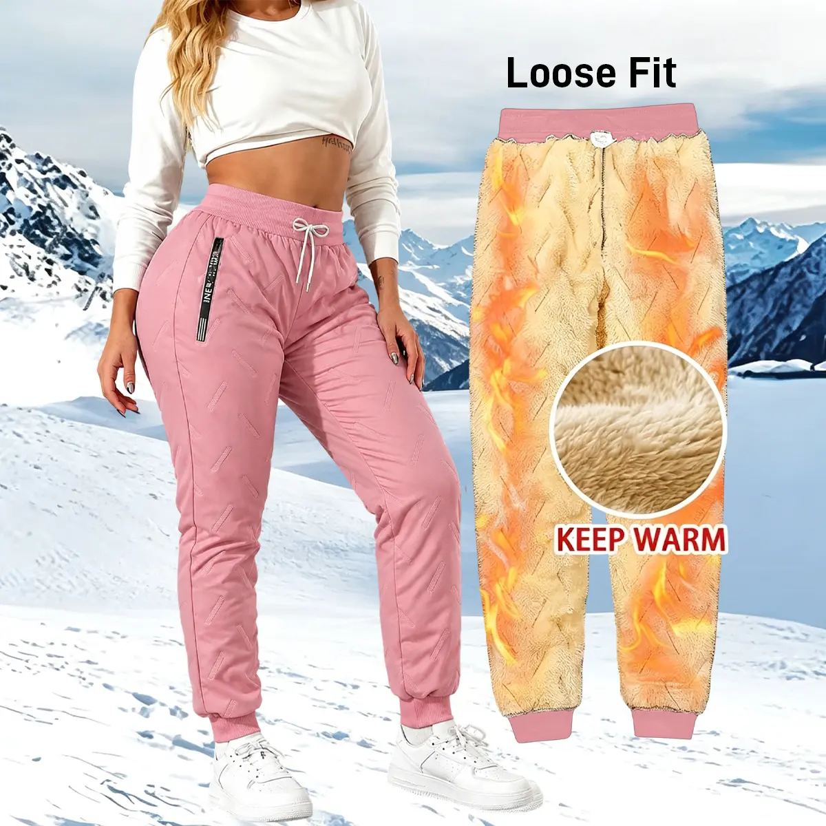 Women’s autumn/winter fleece-lined drawstring waist jogger pants with zippered pockets, solid-color casual athletic pants suitable for home wear—essential for fall and winter.