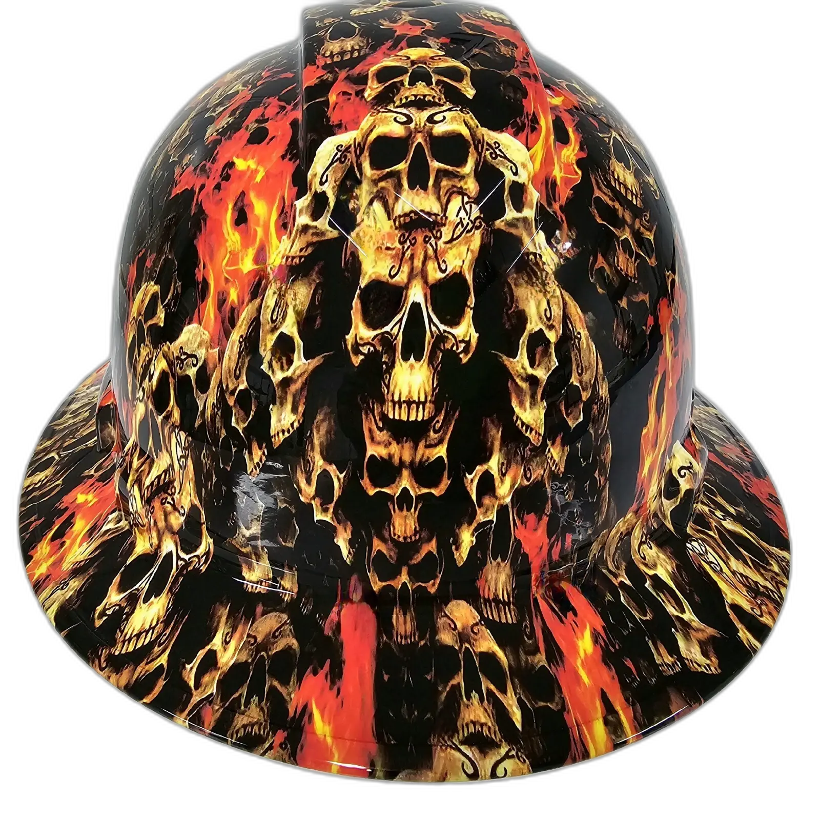 Golden Skulls in Hellfire - Custom Hydro Dipped Full Brim Hard Hat