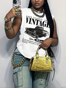 Women's Summer Casual Loose-Fit Knit Fabric Womenswear Vest with Car Letter Print, Soft Comfortable Top for Home and Outdoor Wear Knit Vest Tops