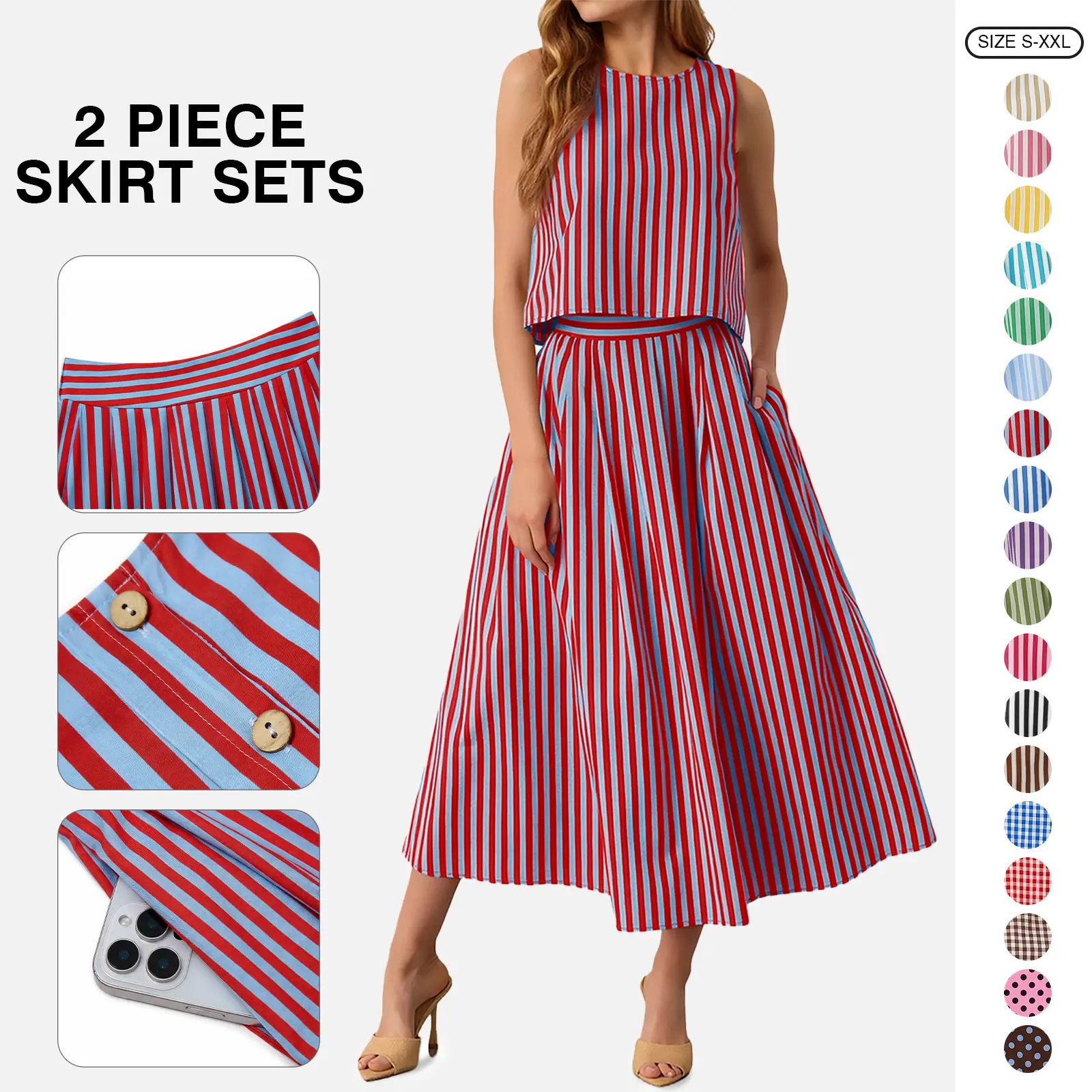 TANKANEO Women's Matching 2-Piece Striped Casual Set - Sleeveless Breathable Tank Top, Elastic Waist Midi Skirt in Lightweight Fabric, Summer Beach Vacation Outfit (2 Piece Sets for Women)