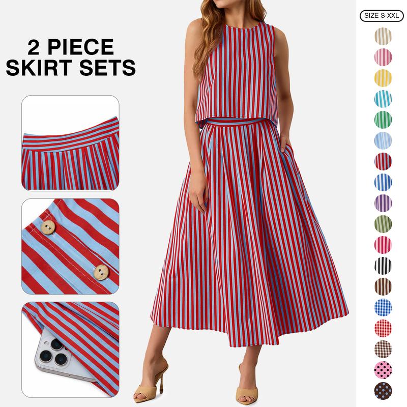 TANKANEO Women's 2-Piece Casual Set - Beachy Stripe Look, Sleeveless Breathable Tank Top, Elastic Waist Midi Skirt in Lightweight Breathable Fabrics, Casual Beach Summer Everyday Wear (Women 2 Piece Sets)
