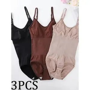 3pcs Seamless Shapewear Bodysuits for Women - Tummy Control, Butt Lifting & Slimming, Elegant Design, High Support, Black/Brown/Beige, Hand Wash or Dry Clean, Occasion Confidence Boost | Versatile Undergarment Snug Fit Fabric Womenswear Chic