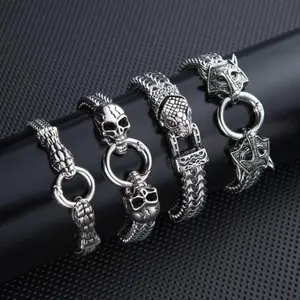 2026 New Men's Retro Punk Stainless Steel Bracelet, Snake Beast & Skull Designs, Perfect Valentine's Day Gift for Him
