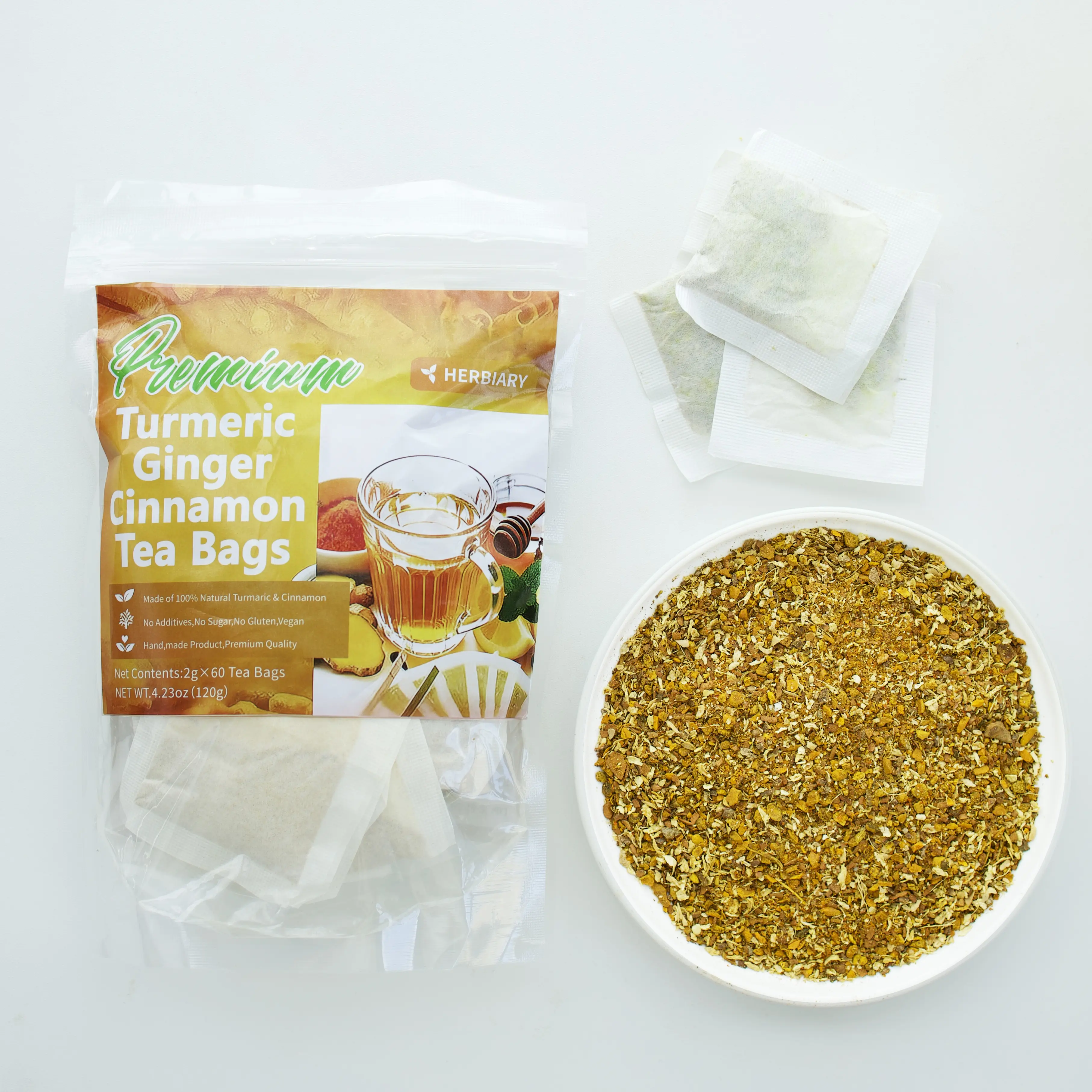 Premium Turmeric Ginger Cinnamon Herbal Biodegradable Tea Bags, 100% Natural Eco-Friendly Digestive Beverage with No Added Sugar, Gluten-Free, Caffeine-Free, Vegan Healthy Drink