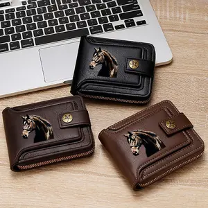 Horse Print Leather Wallet for Equestrian Enthusiasts Premium Zippered Wallets Zipper Wallet Design Suitable for Daily Use and Outdoor Activities Ideal Gift for Christmas Fathers Day Valentine's Day and Birthdays for Men