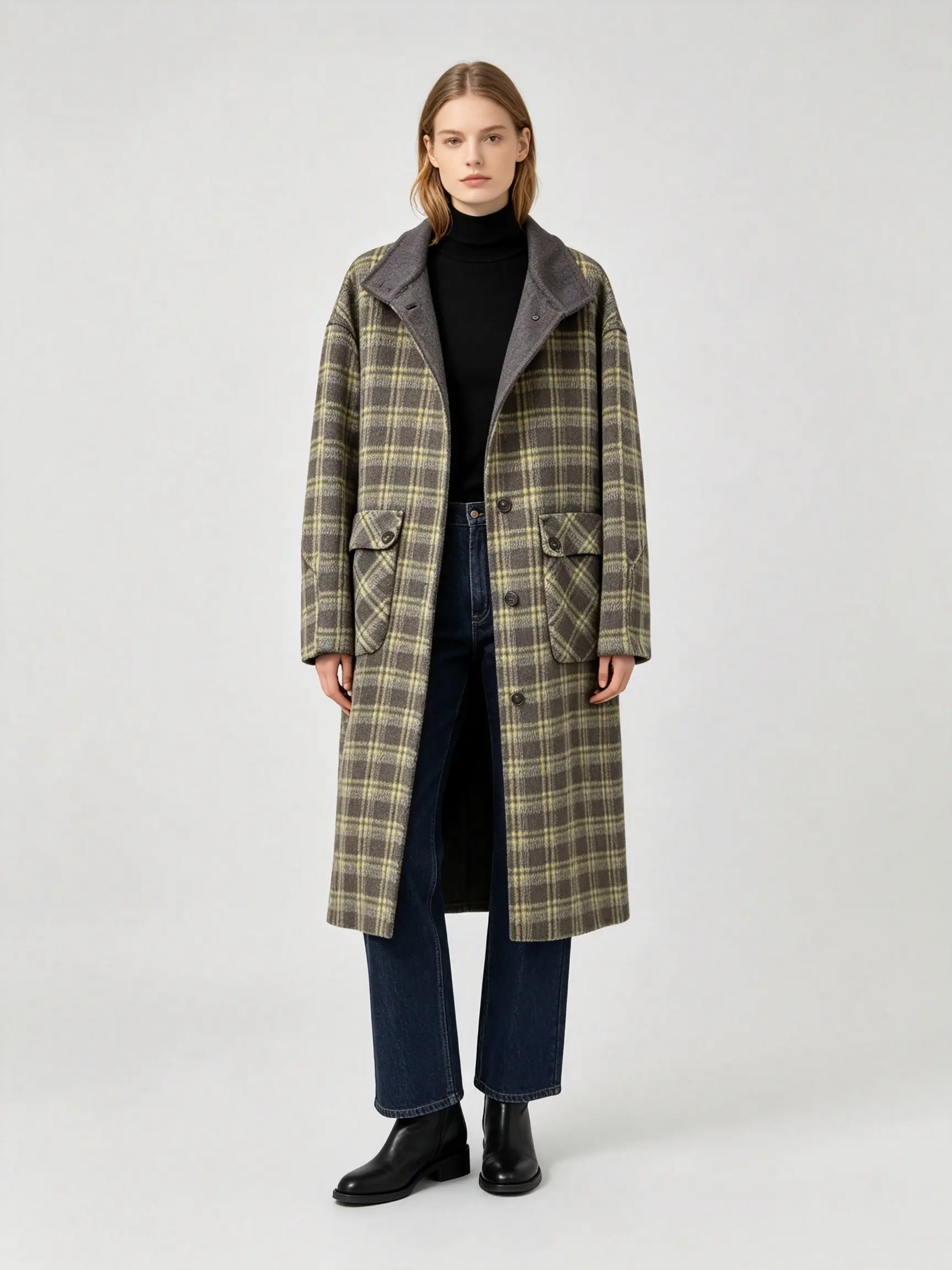Women’s Plaid Reversible Wool Long Coat, Oversized Lapel Overcoat with Back Tie Belt & Patch Pockets Fall Winter Outerwear Casual Adjustable