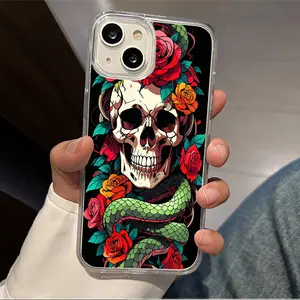 Python Wrapped Flowers And Skulls Mobile Phone Case for iPhone16/15/14/13/12/11/Xs/Pro Max Plus Ultra-thin Acrylic Magnetic Silicone Soft Girls Anti-drop Shockproof Protection Boys Screen Protector Case 01X-L0345