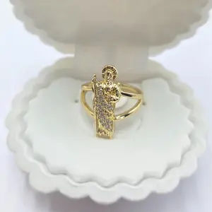Women's 14K Gold Plated Virgin Mary Ring, Adjustable Religious Ring Adorned with CZ Stones