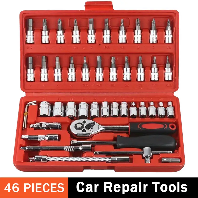 46 pcs car repair tool kit, carbon steel ratchet wrench socket toolbox, durable metal household toolbox, comprehensive combination repair tools suitab
