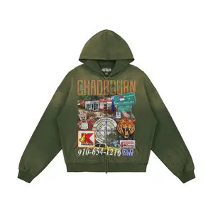 Chadbourn NC ZIPUP Oversized Full-zip Jacket with Drop Shoulders & Kangaroo Pockets 100% Cotton Washed Effect Distressed Details