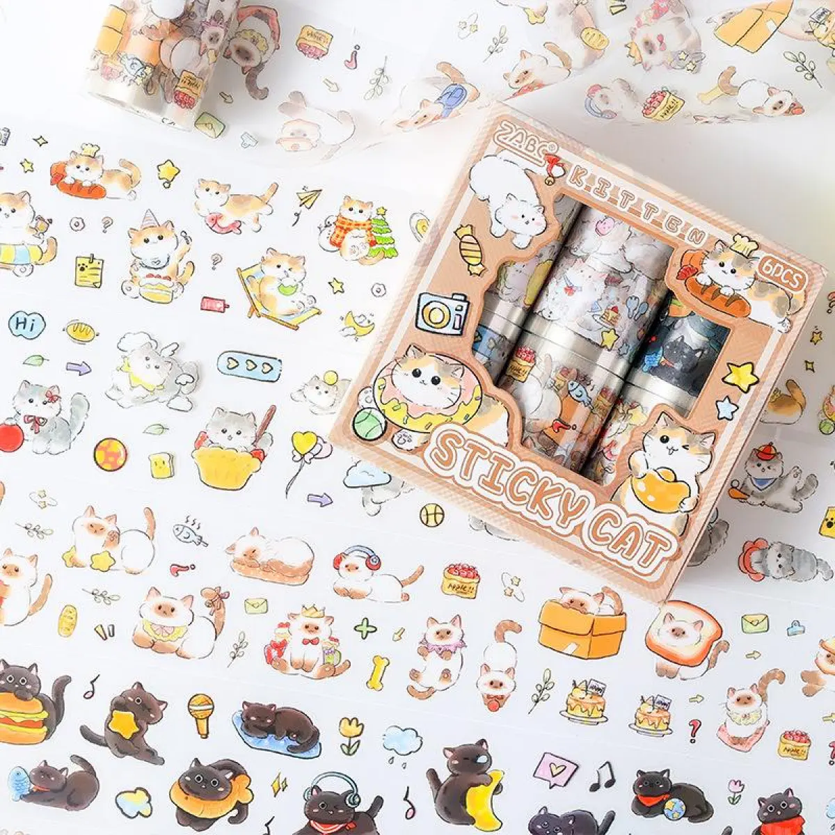 2 types of 12 rolls cat theme tape stickers dual material PET waterproof modern style DIY die-cut notebook tape cute washi tape