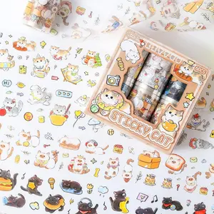 2 types of 12 rolls cat theme tape stickers dual material PET waterproof modern style DIY die-cut notebook tape cute washi tape