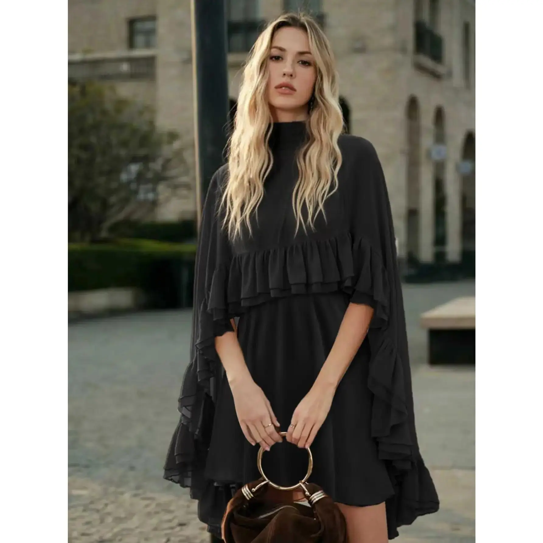 semi sheer chiffon ruffle dress with outer cape Womens Shawl Wraps Ruffle Hem Flowy Poncho Top Stand Collar for Evening Dress (Small,Black) at Amazon Women's Clothing store Stylist Q Sheer Ruffle Dress Sheer Chiffon