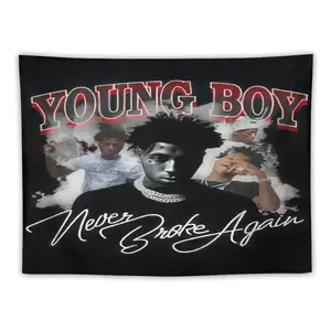 Young Boy Never Broke Again American Flag Tapestry Wall Hanging - Hip-Hop Music Theme with Vibrant Red & White Lettering, Heavyweight 200+ GSM Polyester Peach Light Beige Velvet, Horizontal Woven Decor for Dorm, Living Room, Bedroom, Boy Room Decor