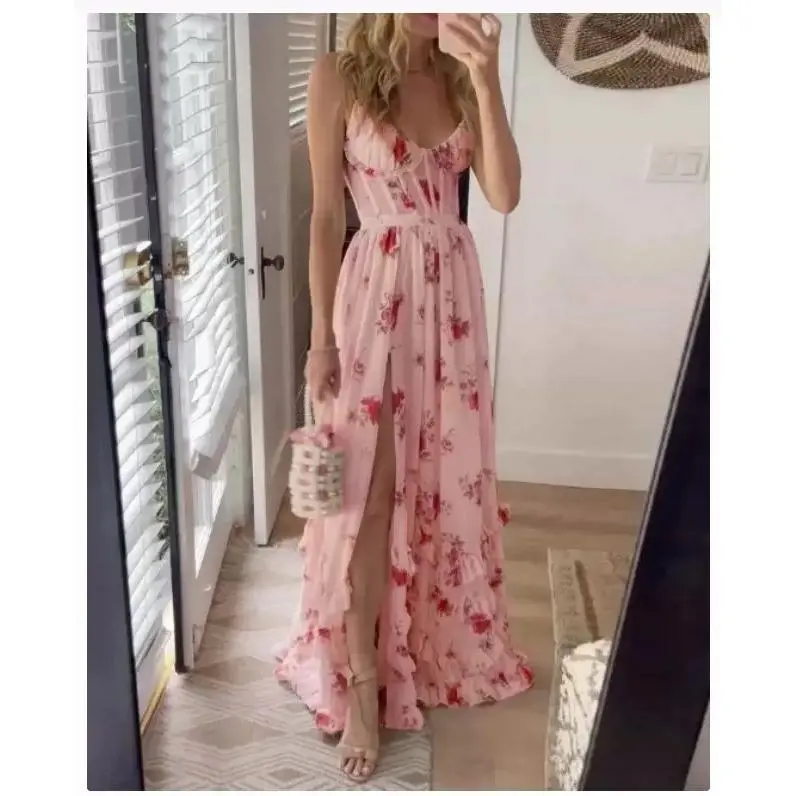 2025 Floral Print Prom Dresses for Women Ruffle Chiffon Evening Dress Tiered Long Formal Gowns with Slit