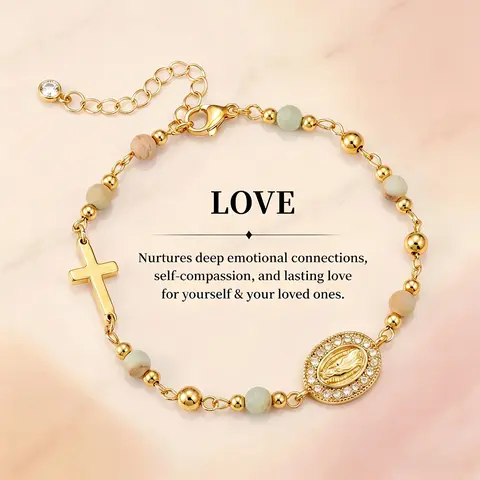 TEWIKY Charm Bracelet for Women with Natural White Turquoise & Pink Zebra Jasper, 14kt Gold Plated High Quality Beaded Stretch Jewelry, Virgin Mary Religious Gift, High Quality Bracelet, Exquisite Bracelet