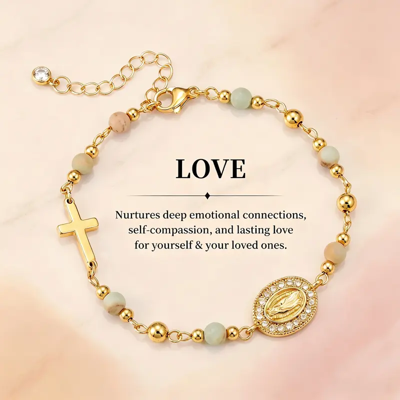 TEWIKY Charm Bracelet for Women with Natural White Turquoise & Pink Zebra Jasper, 14kt Gold Plated High Quality Beaded Stretch Jewelry, Virgin Mary Religious Gift, High Quality Bracelet, Exquisite Bracelet