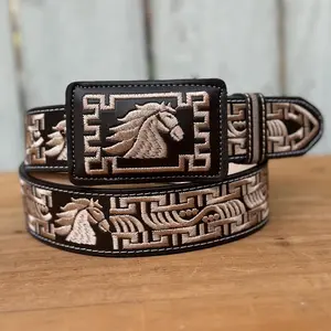 Brown “Horse” Embroidered Belt with Rectangular Buckle - Men’s Western Belts