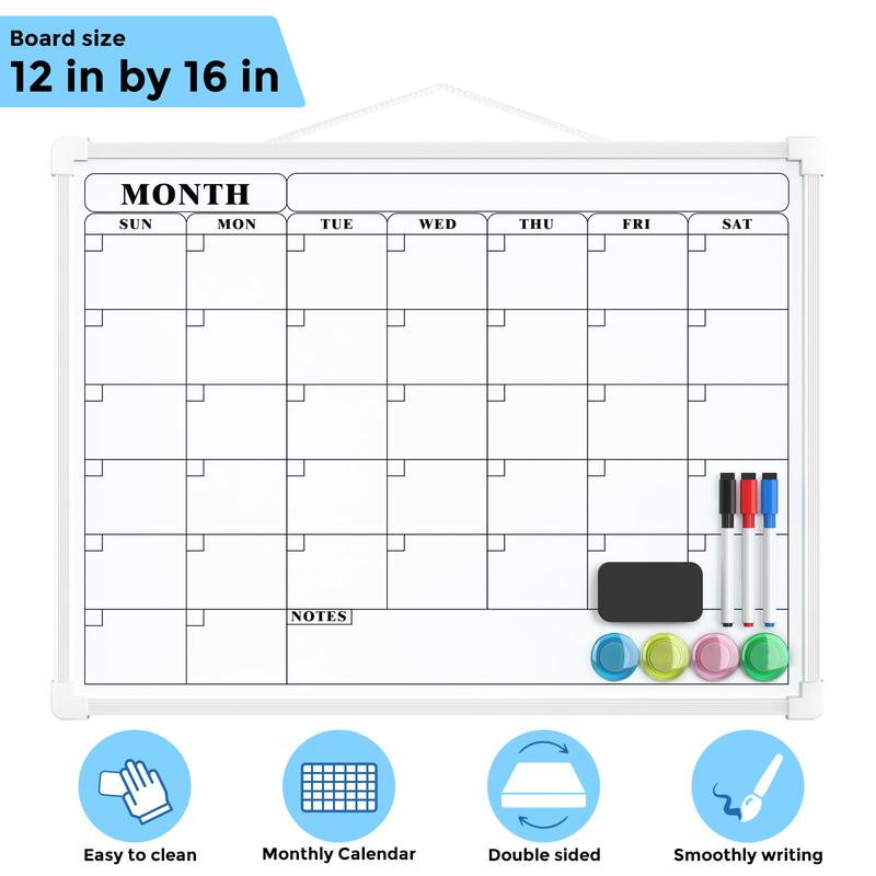 MaxGear 16"x12" Double-Sided Monthly Calendar Dry Erase Board for Wall Hanging Whiteboard with 3 Markers & 4 Magnets Portable for Students Planning Drawing Memo To-Do List