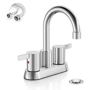 4 Inch Centerset 2 or 3 Holes 2 Handle Chrome Lead-Free Bathroom Faucet, Swivel Spout with Copper Pop Up Drain and 2 Water Supply Lines