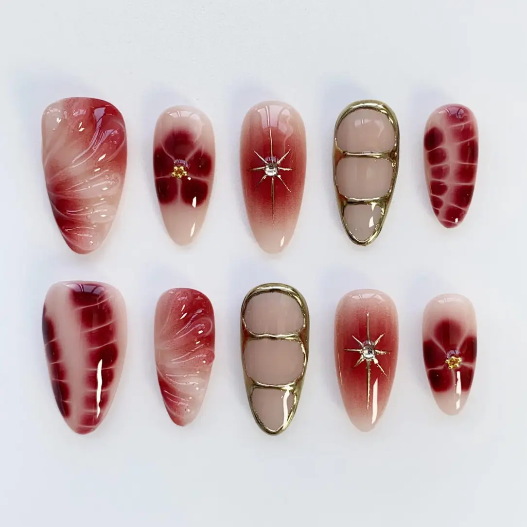 Fall Nails/Burgundy Press on nails long almond nails/star nails/3d gold chrome nails/Bloom Flower Nails/Birthday Nails/Holiday Nails red