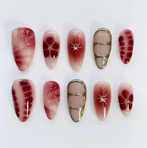 Fall Nails/Burgundy Press on nails long almond nails/star nails/3d gold chrome nails/Bloom Flower Nails/Birthday Nails/Holiday Nails red