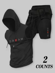 2 Pack Men's Gym Workout Set, DREAM Print Sleeveless Hoodie & 2-in-1 Quick Dry Shorts, Athletic Fitness Training Outfit, Perfect for Gym, Running, Workout, Summer Sportswear #springsaledeals2026 #summeroutfits #tiktokshopmademebuyit #mensfitness