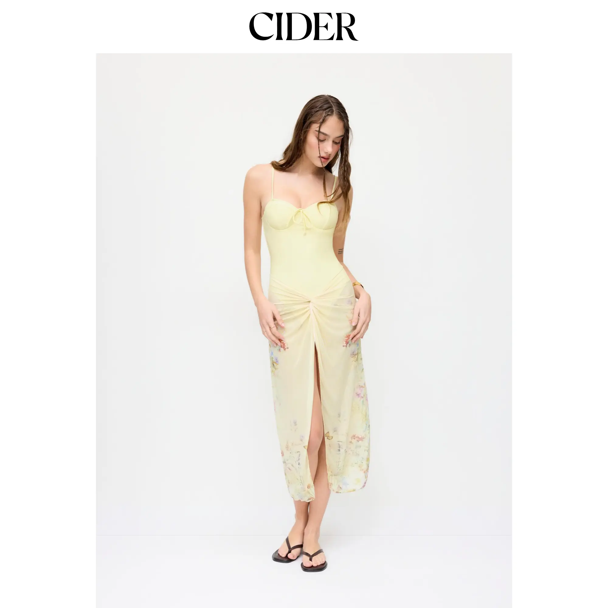 Cider Sweetheart Neck Floral Print High Stretch One Piece Swimsuit With Sheer Wrap Skirt