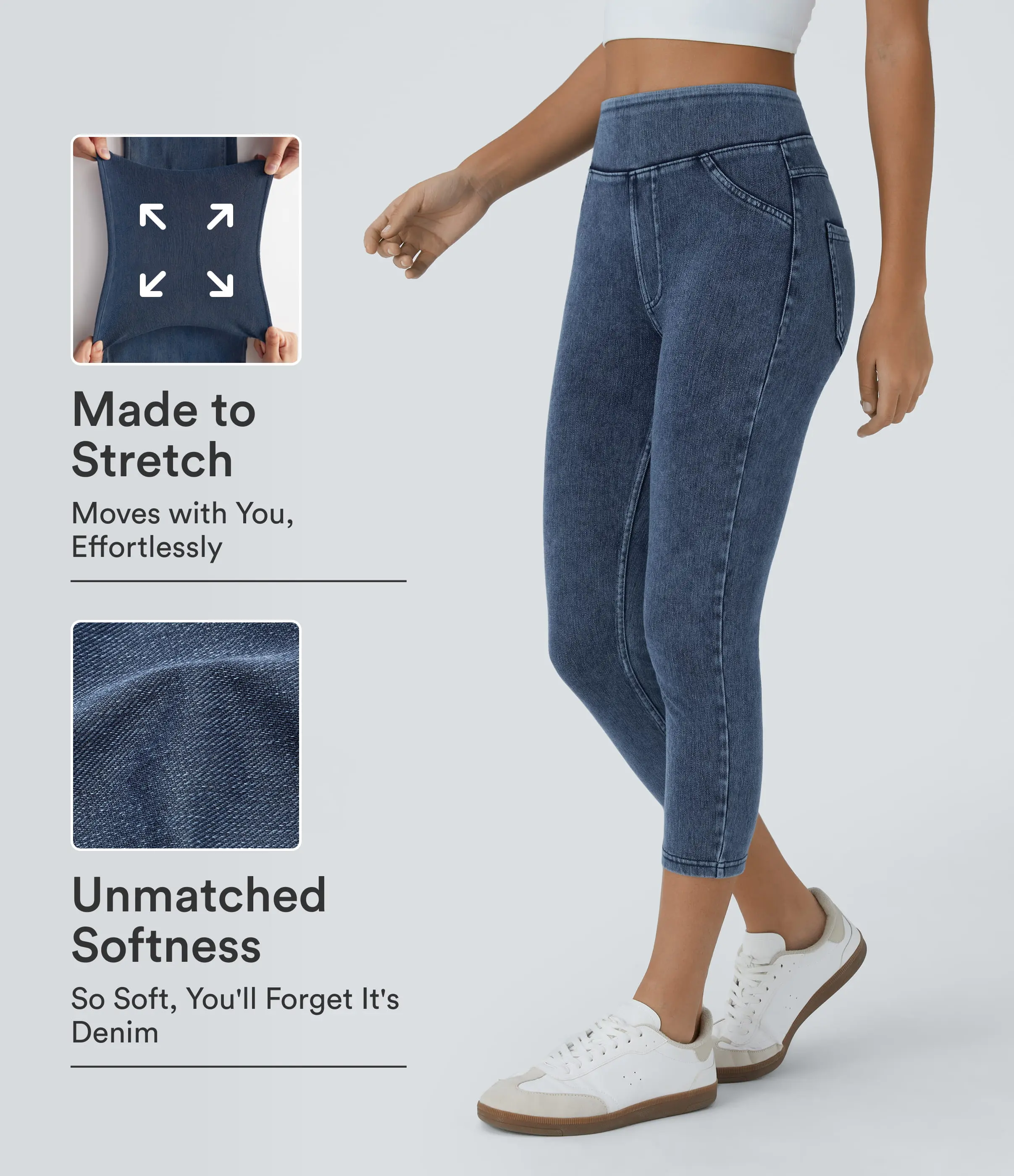 Halara Flex High Waisted Back Side Pocket Stretchy Knit Denim Capri Casual Leggings #BackToSchool Halara Flex High Waisted Back Side Pocket Stretchy Knit Denim Capri Casual Leggings #BackToSchool