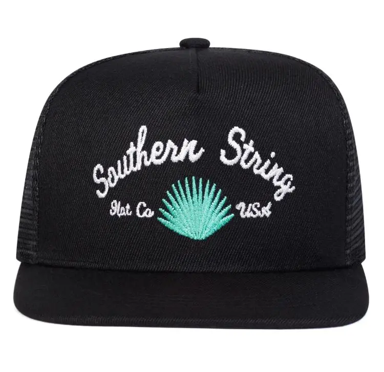 Southern String Black Trucker Hat Shell Embroidered Mesh Snapback Cap for Men Women