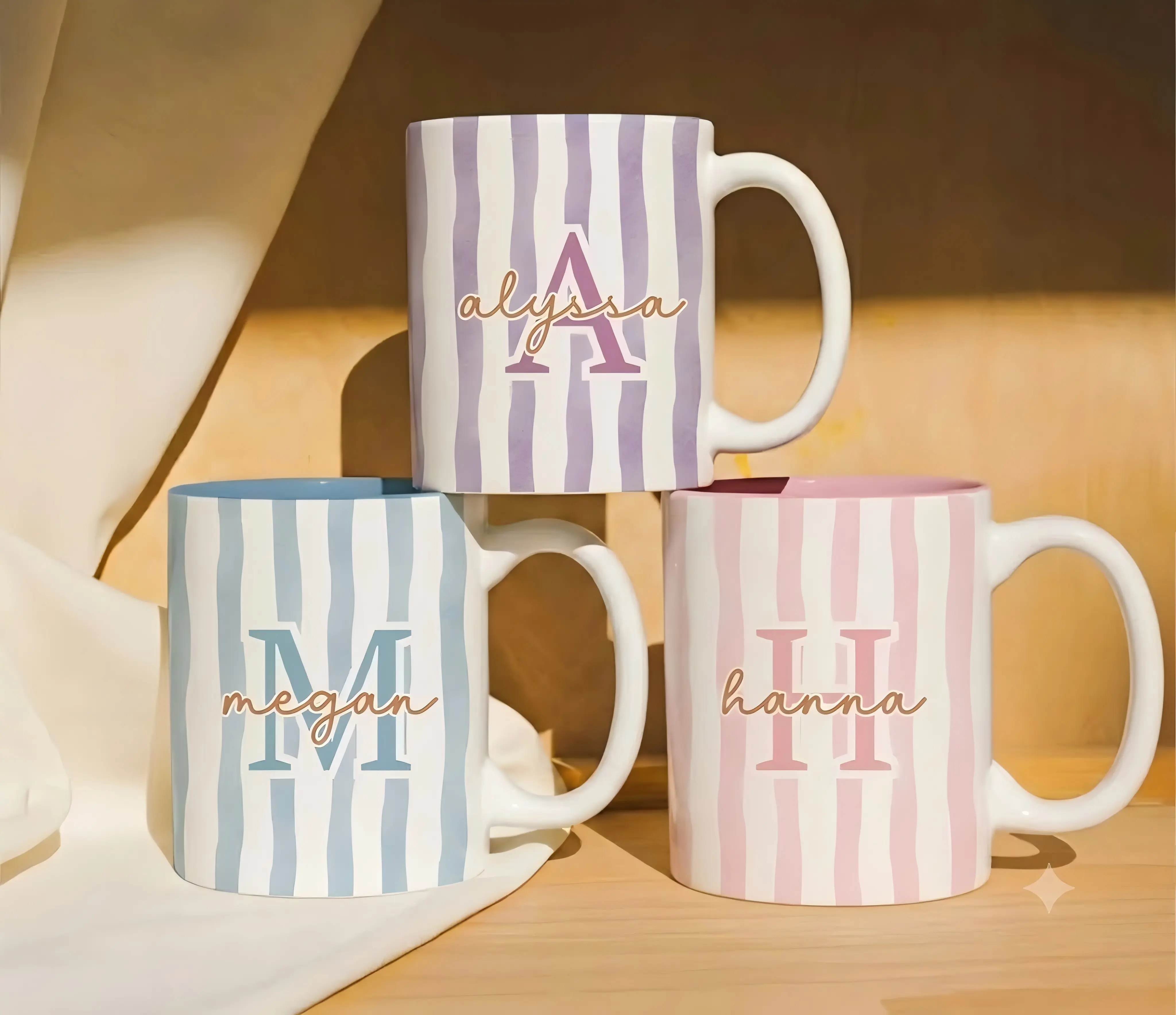 Stylish Porcelain Striped Mug with Handle, Personalized Custom Name Coffee Cup, Pastel Monogram Gift Ideas