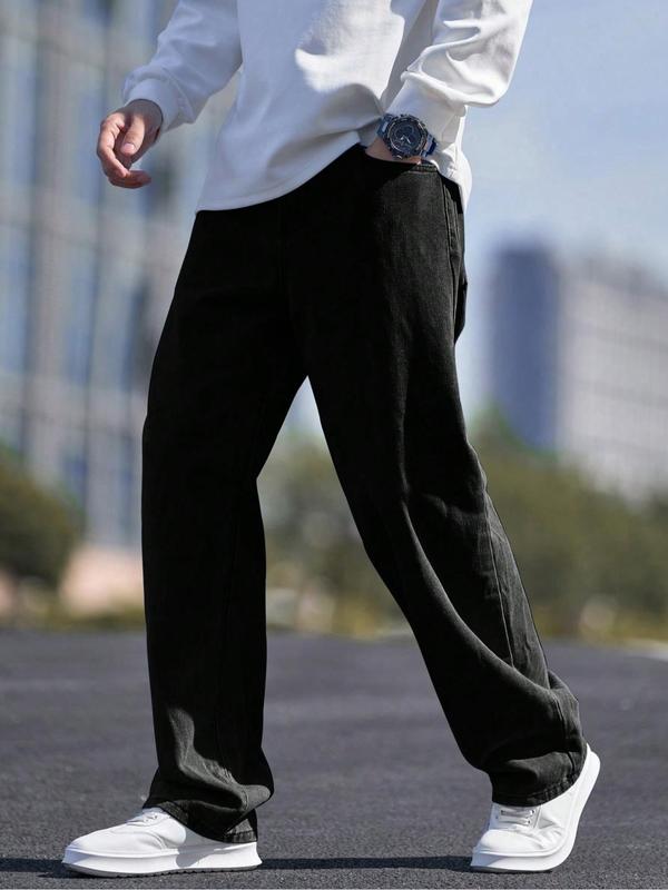 【Plus Size】 Men's Solid Color Wide Leg Slouchy Jeans, Fashion Casual Comfy Denim Trousers for Daily Outdoor Wear, Men Plus Size Bottoms for All Seasons, Pants