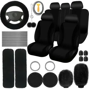 Car Interior Decorative Accessories, Car Seat Decoration Accessories, Universal Plush Steering Wheel Protective Cover Kit, Car Interior Seat Set, Automotive Accessories, Teen Girl Gifts, Decorative
