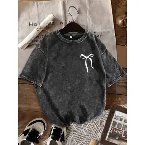 Women'S 230g Heavyweight Washed T-Shirt - Vintage Oversized Round Neck Short Sleeve, Soft Grey Retro Casual Everyday Top with Minimalist Bow-like Print