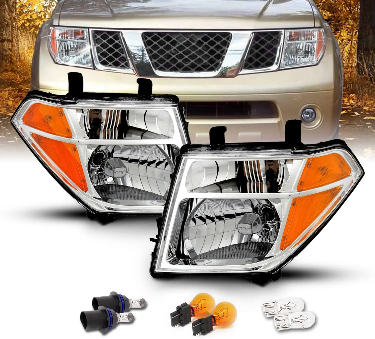 AmeriLite For 2005-2008 Frontier / 05-2007 Pathfinder SUV Chrome Replacement Headlight Assembly Set + Halogen Bulbs - Driver and Passenger