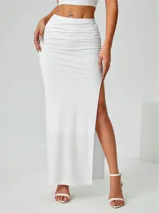 Women's Casual Solid Color Ruched Side Slit Fitted Slim Maxi Skirt, Casual Streetwear Skirt, Versatile Fashion Style, Perfect for Concerts, Dancing & Nightclubs, Beach, Parties, Sports, and Casual Home Wear.