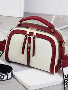 Color blocked texture handbag, Handbag sling bag, versatile personalized single shoulder crossbody bag with retro atmosphere, multi zipper pocket design, letter printed shoulder strap, suitable for dates, Adjustable Shoulder Bag