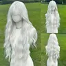 SMILCO Female 28in White-Pink Long Wavy with Bangs Synthetic Full Machine Wig (SM517) - Heat Resistant, Synthetic Wavy Hairstyle, Ideal for Halloween, Cosplay, White Fantasy Look
