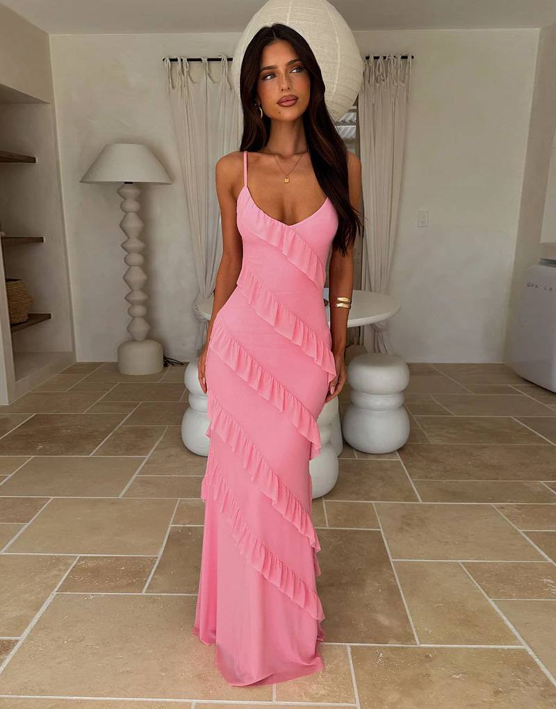 Backless Spaghetti-strap V-neck Dress With Side Slits