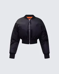 Khione Black Flight Satin Cropped Bomber Jacket