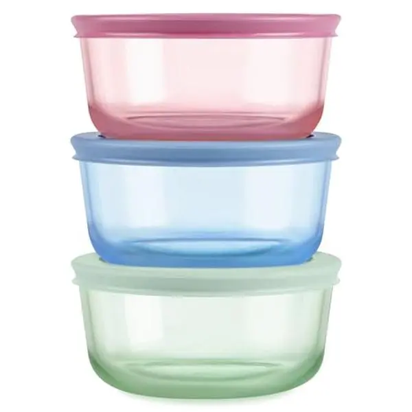 Pyrex Colors (3-Pack, Medium) Tinted Glass Round Food Storage Container Set, Snug Fit Non-Toxic Plastic BPA-Free Lids, Freezer Dishwasher Microwave Safe, 2 Cup, 4 Cup & 7 Cup, Blue