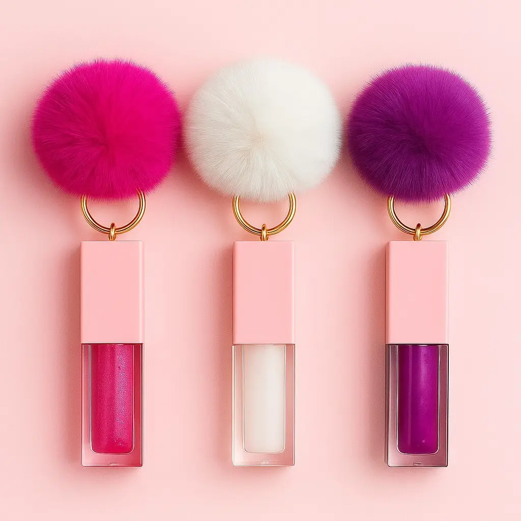 Hydrating Keychain Lip Oil with Fluffy PomPom-Non-Sticky, Moisturizing, 5mL, Travel-Friendly, Cute Lip care Accessory