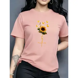 Floral butterfly pattern printed women's fashion T-shirt, soft and comfortable 100% cotton short sleeves, simple, stylish, casual and elegant, young and trendy women's clothing, clearance sale